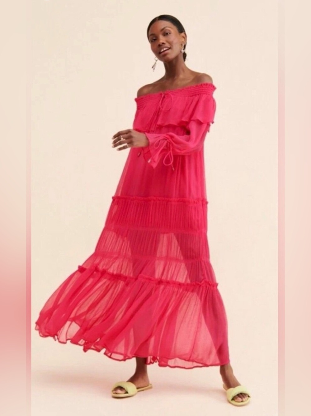 Free People Cherry Hot Pink Off Shoulder Maxi Dress Medium